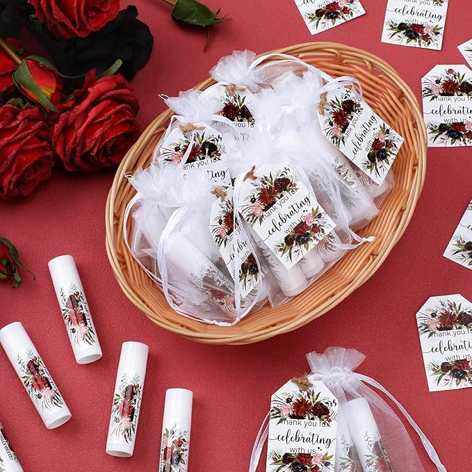 Dunzy 50 Pack Bridal Shower Favors Gifts Bulk Burgundy Floral Lip Balms Party Supplies Wedding Party Favors Bachelorette Prizes Souvenirs Thank You Appreciation Gifts for Guests Women Coworker Staff