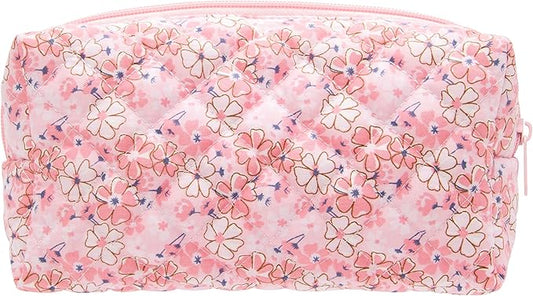 PAZIMIIK Vintage Quilted Makeup Bag Cosmetic Pouch for Brushes Pencils and Travel Make Up Accessories for Women and Girls Floral Pink