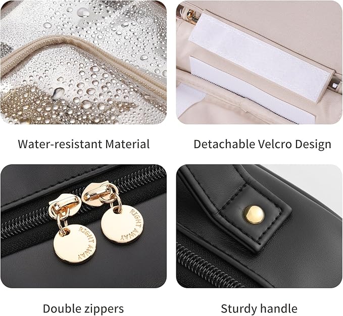 RIGHT AWAY Travel Toiletry Bag for Women, Makeup Bag& Cases, Waterproof Makeup Organizer Cosmetic Bag with Compartments,Portable Make Up Bag for Travel Size Toiletries,Skincare,Brushes Set,Black