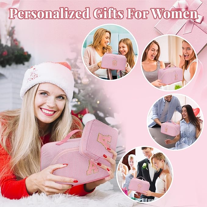 Travel Makeup Bag for Women, 2Pcs Portable Personalized Initial Makeup Organizer Bag, Open Flat Large Cosmetic Bag With Travel Essential Pouch (Pink Letter O)