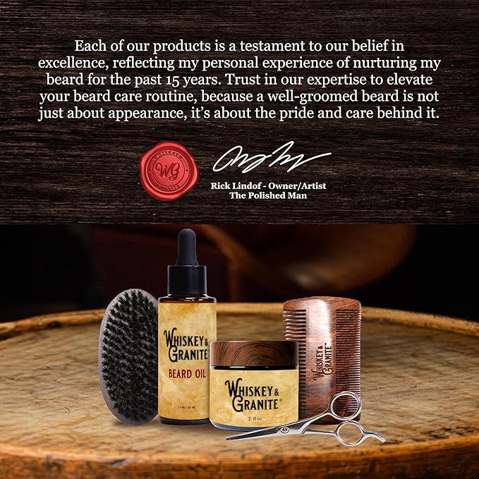 Whiskey & Granite Beard Kit for Men – 100% Natural Ingredients (Tomcat). Includes beard oil and balm, comb, brush, and scissors.