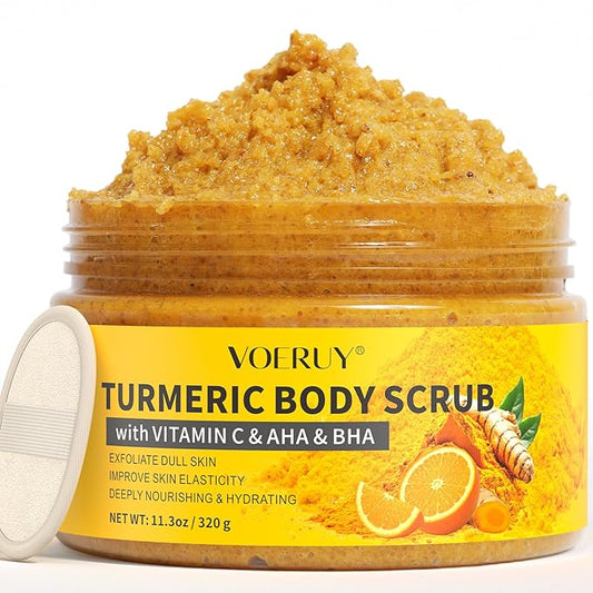 Body Scrub,Turmeric Exfoliating Body Scrub with AHA & BHA, Gentle Body Exfoliator with Vitamin C for Body Hand Foot Bikini Area, Smooth & Moisturized Skin for Women and Men - 11.3oz