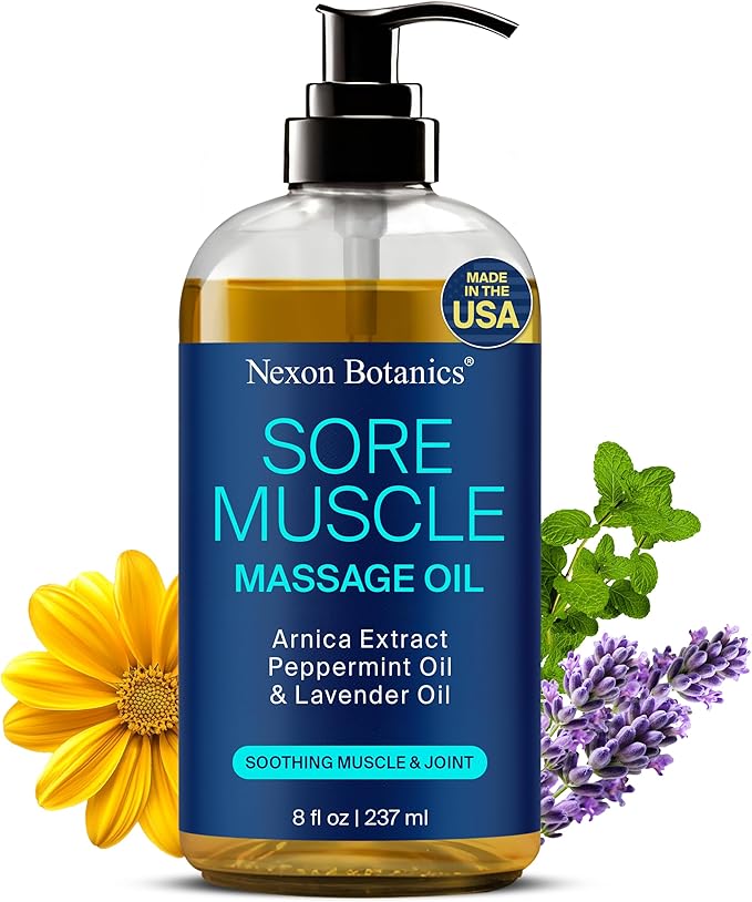 Sore Muscle Massage Oil for Massage Therapy 8 fl oz - Refreshing and Relaxing - Natural Oils with Arnica, Peppermint and Lavender Oil - for Men and Women - Nexon Botanics