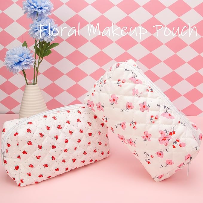 PAZIMIIK Vintage Quilted Makeup Bag Cosmetic Pouch for Brushes Pencils and Travel Make Up Accessories for Women and Girls Myrtle Pink