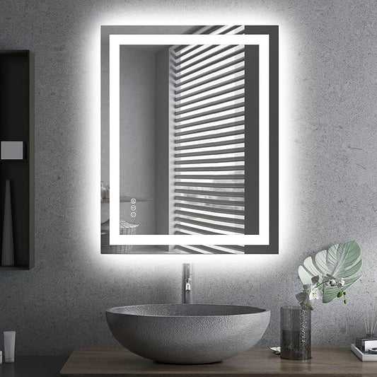 Amorho LED Bathroom Mirror 28"x 36" with Front and Backlight, Stepless Dimmable Wall Mirrors with Anti-Fog, Shatter-Proof, Memory, 3 Colors, Double LED Vanity Mirror (Horizontal/Vertical)
