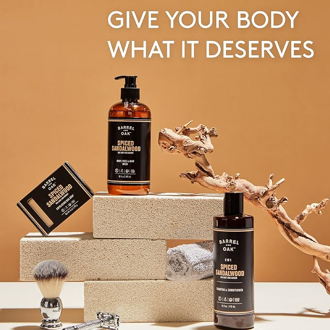 Barrel and Oak - Spiced Sandalwood Body Care Set, Fragrant Sea Salt & Amber Scent, Rich in Essential Oils, Hydrating Formulas, Rich Texture, No Parabens or Phthalates, Certified Organic (3-Pack Set)