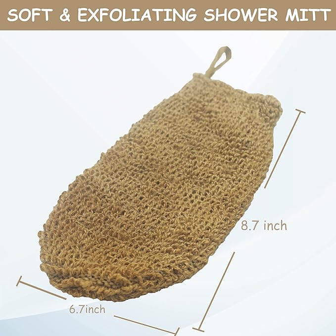 Natural Vegetable Fiber Dual Sided Exfoliating Hemp Flax Ramie Glove Hand Mitt Mitten Shaped Back and Body Shower Bath Scrubber Brown, Remove Dead Skin Machine Washable, Pack of 2