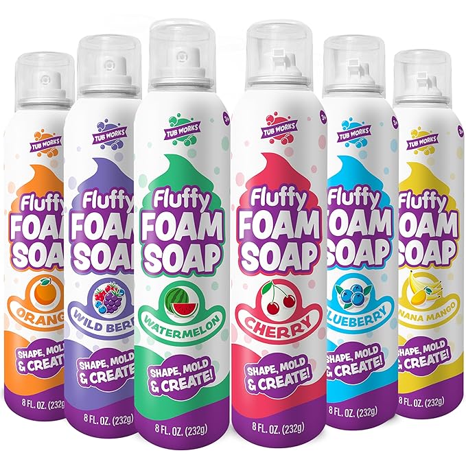 Tub Works® Fluffy Foam Soap, Variety 6 Pack | Shape, Mold & Create Bath Art with Soft Bath Foam for Kids | Gentle, Cleansing Kids Bath Soap | Easy-to-Use Spray Nozzles | Fruity, Fun Bath Colors