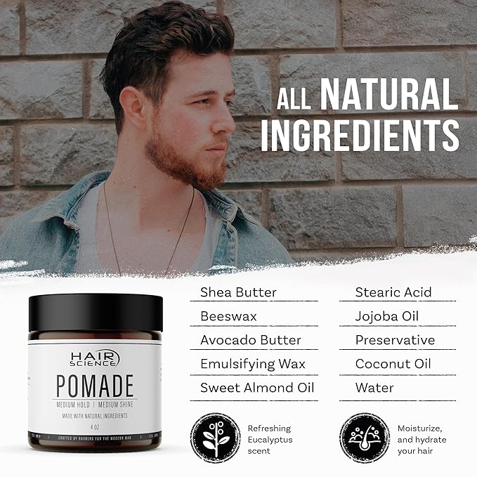 Hair Science - Premium, Organic, Water-Based Pomade for Men & Women, Medium Hold, Natural Shine, Professional Barber Formulation, Perfect for Curly, Wavy, & Short Hair Styling, Eucalyptus Scent (4 Oz)