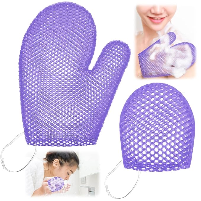 Karenhi 2 Pcs Honeycomb Exfoliating Glove Set Exfoliating Bath Mitt Honeycomb Face and Body Scrubber Shower Mitt for Cleaning Body Shower Face Skin Beauty Spa, Quick Drying(Purple)