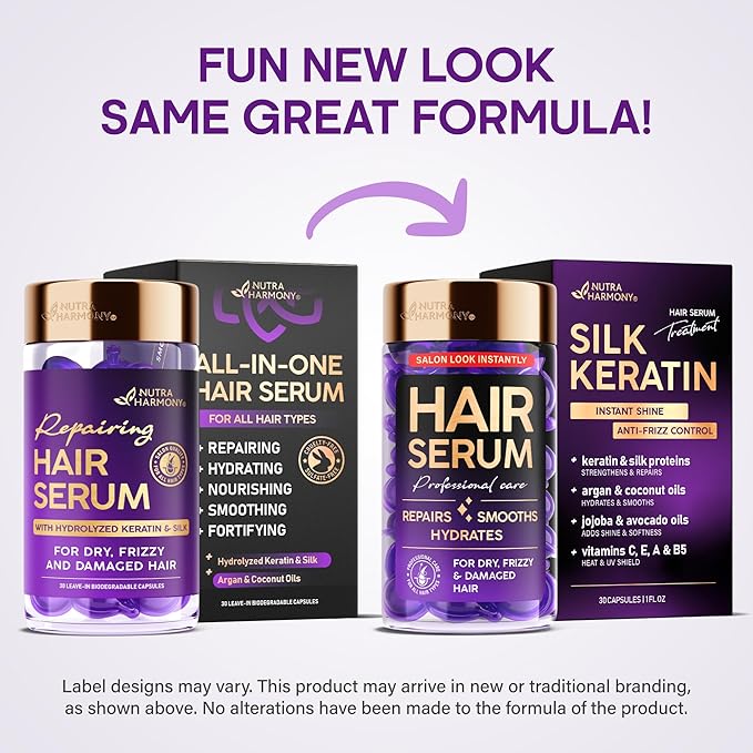 Hair Serum Capsules – Keratin & Silk Protein Hair Treatment with Argan, Coconut, Jojoba & Avocado Oils – Leave‑In Anti‑Frizz Hair Oil w/ Vitamins A, E & B5 for Dry, Damaged Hair – No Rinse, 30 ct
