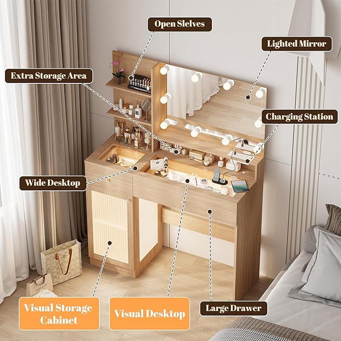 40" Vanity Desk with Large Mirror and Lights, Modern Glass Top Makeup Vanity Set with Power Outlet, Drawers and Cabinet, 3 Lighting Color Adjustable Dressing Table for Bedroom,Oak