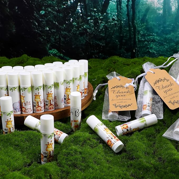 Fumete 50 Pack Jungle Animal Baby Shower Party Gifts Favors Bulk Lip Balms for Guests Boys Girls Neutral Gender Reveal Favors for Baby Shower Prizes Souvenirs Bags Stuffer Classroom Prizes
