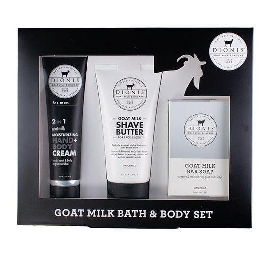 Dionis Goat Milk Skincare Men's Unscented Bath & Body 3pc Gift Set - Blended Shea Butter & Jojoba Oil Shave Butter For Sensitive Skin, Unscented Hydrating Moisturizer & Nourishing Bar Soap For Men