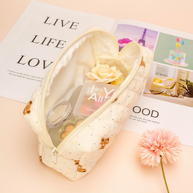 PAZIMIIK 6PCS Vintage Quilted Makeup Bag SET Cosmetic Pouch for Brushes Pencils and Travel Make Up Accessories for Women and Girls Bear Beige