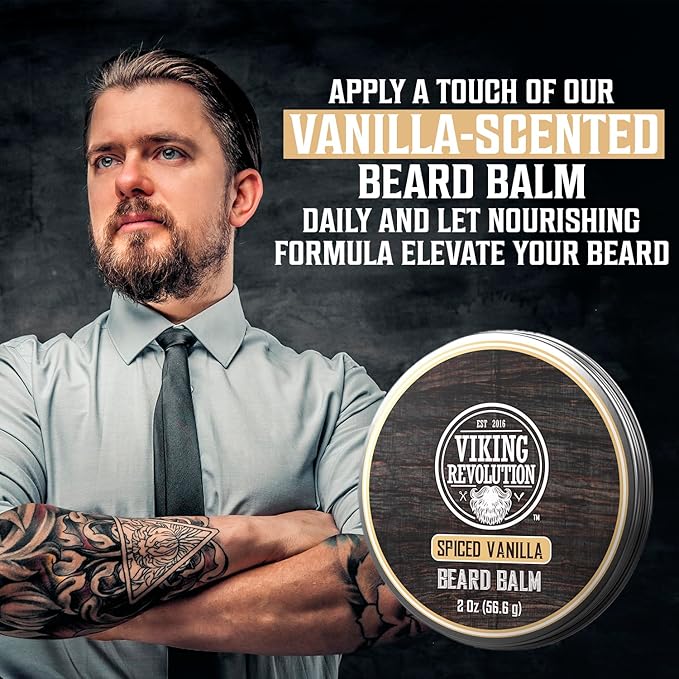 Viking Revolution Spiced Vanilla Beard Balm - Beard Butter with Argan Oil, Beard Softener for Men with Jojoba Oil - Beard Moisturizer for Men with Beeswax - Beard Wax for Men (2oz, 2 Pack)