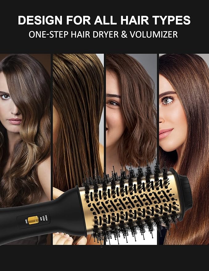 Hot Air Hair Blow Dryer Brush - 3 in 1 Negative Ionic Hairdryer Blowout Brush for Drying Straightening Volumizing - 60mm Oval Barrel fit All Hair Types - Salon Style, Smooth, Frizz-Free Results