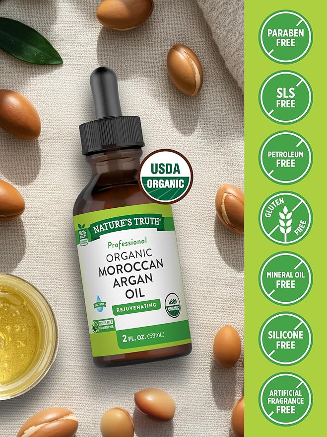 Nature's Truth Moroccan Argan Oil | 2 fl oz | USDA Organic | for Hair, Skin, and Nails | Paraben & Gluten Free