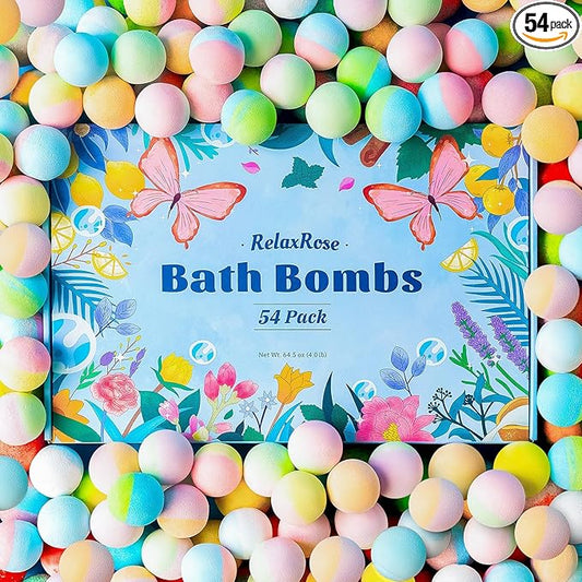 54 Pack Handmade Bath Bombs – 11 Vibrant Colors & 9 Unique Scents, Long-Lasting Fizzy Bubbles & Colorful Magic, 7-Minute Dissolve for Relaxation, Perfect for Birthdays & Summer Self-Care