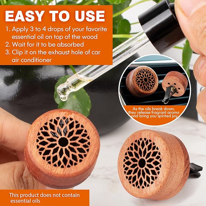 Essential Oil Car Diffuser, 2 PCS Flower Car Aromatherapy Wood Diffuser with Vent Clip