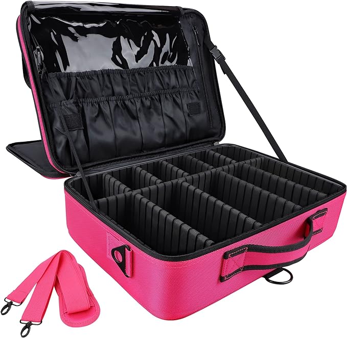 JOURMON Travel Makeup Case Portable Makeup Train Case Organizer Cosmetic Bag with Adjustable Dividers and Shoulder Strap for Makeup Brushes Toiletry Travel Accessories(Rose Red, L)