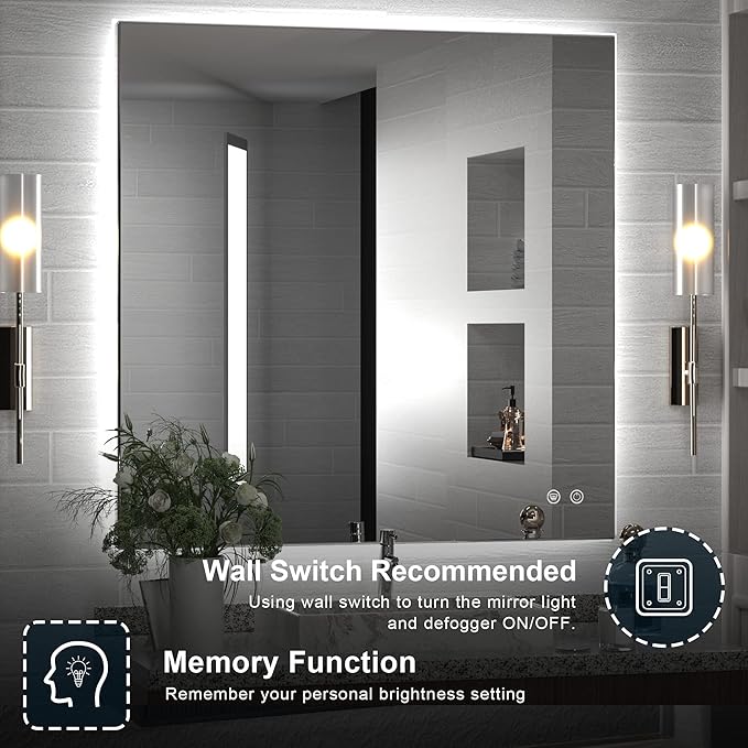 TETOTE 36x36Inch LED Backlit Bathroom Mirror with Lights,3Color White/Warm/Natural,Anti-Fog Lighted Mirror,Dimmable,Vanity Mirror,Wall Mounted