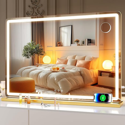 Hasipu Vanity Mirror with Lights, 31.5" x 22" LED Makeup Mirror, Lighted Makeup Mirror with Dimmable 3 Modes, Touch Screen Control Vanity Mirror Round Gold