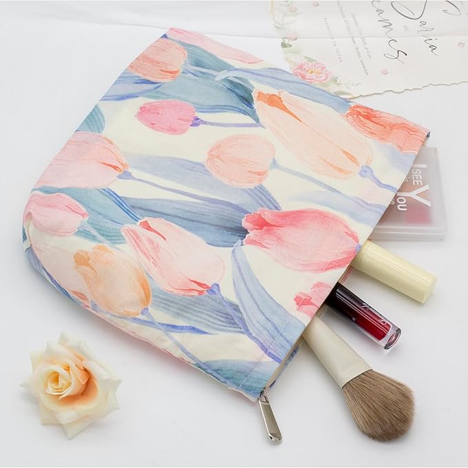 Floral Makeup Bag Large Cotton Zipper Pouch for Purse Travel Canvas Make Up Organizer for Women Cosmetic,Tulip Pink