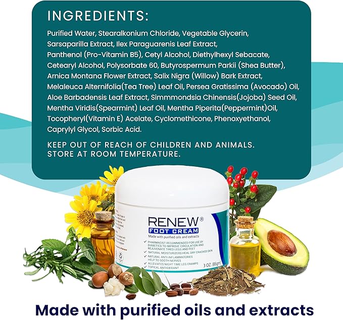 KPW Laboratories Renew Foot Cream for Dry Cracked Heels 2-Pack All-Natural Foot Care for Women & Men, Revitalizing Diabetic Foot Cream, Hydrating Foot Lotion for Dry Feet - Promotes Better Circulation