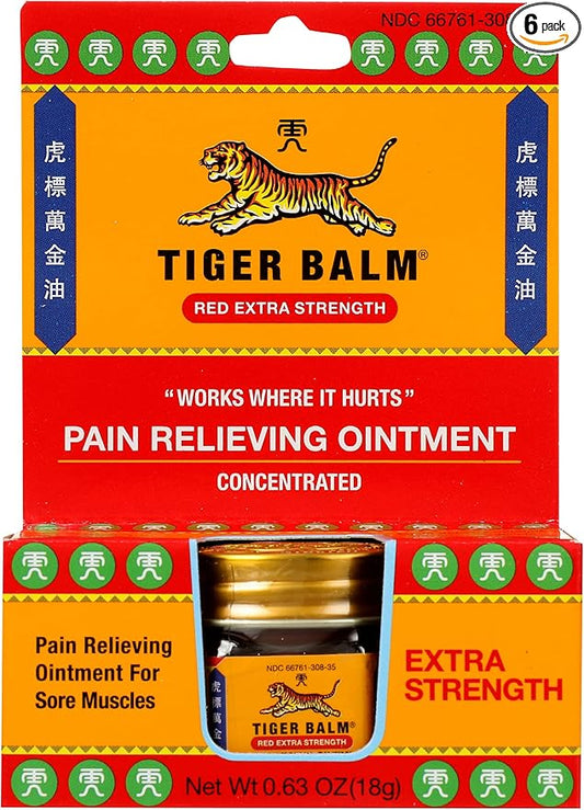 Tiger Balm Red Extra Strength Rub Balm, Alcohol Free, Cruelty Free, 0.63 Ounce (Pack of 6)