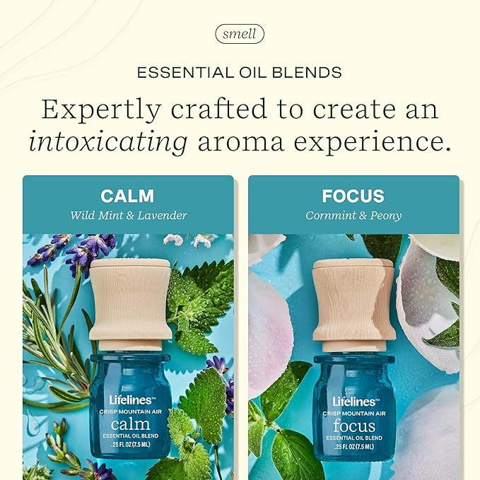 Lifelines Essential Oil Blends, 2-Pack - Blended Essential Oils with Mess-Free Precision Pump for Aromatherapy Diffusers - Long-Lasting Scented Fragrance - Crisp Mountain Air (Calm & Focus)