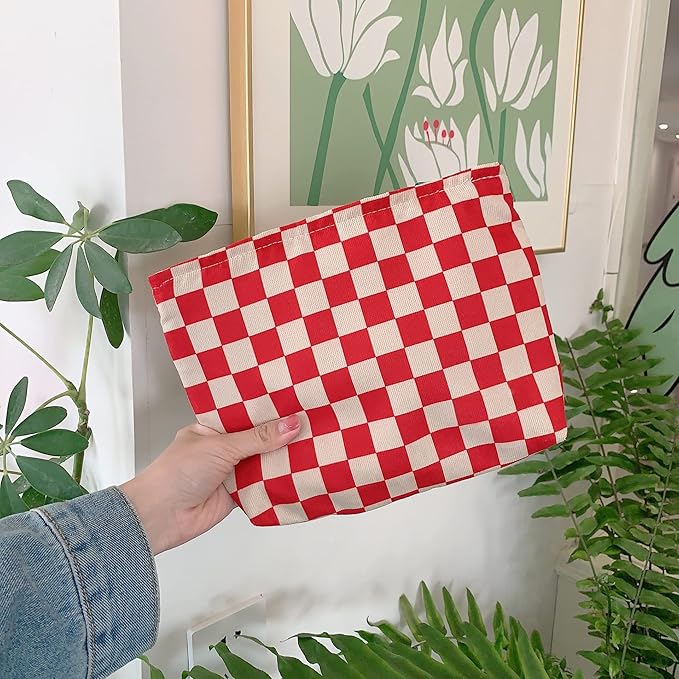 PAZIMIIK Makeup Bag Large Zipper Corduroy Make Up Pouch for Purse Travel Canvas Cosmetic Organizer for Women Brush Storage,Checkered Red