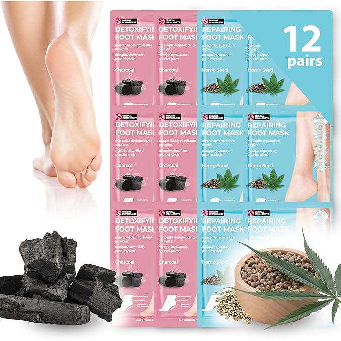 Original Derma Beauty Foot Mask 12 Pairs Hemp Seed + Charcoal Moisturizing Foot Mask Foot Masks Callus Remover Pedicure Supplies