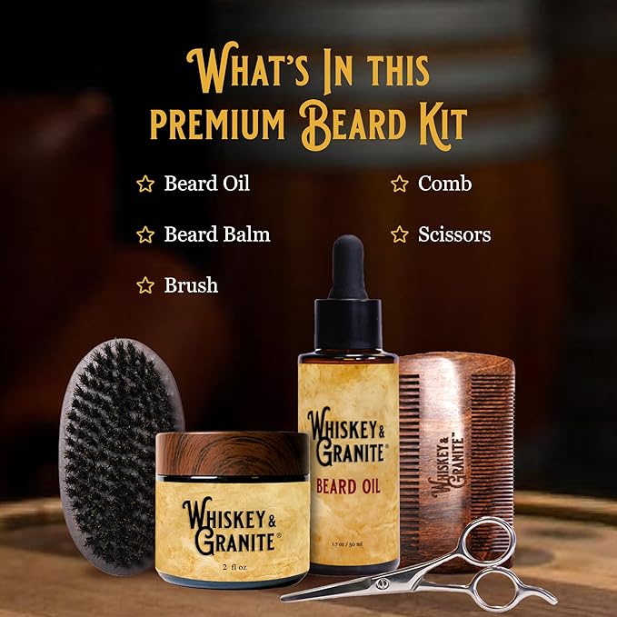 Whiskey & Granite Beard Kit for Men – 100% Natural Ingredients (Tomcat). Includes beard oil and balm, comb, brush, and scissors.