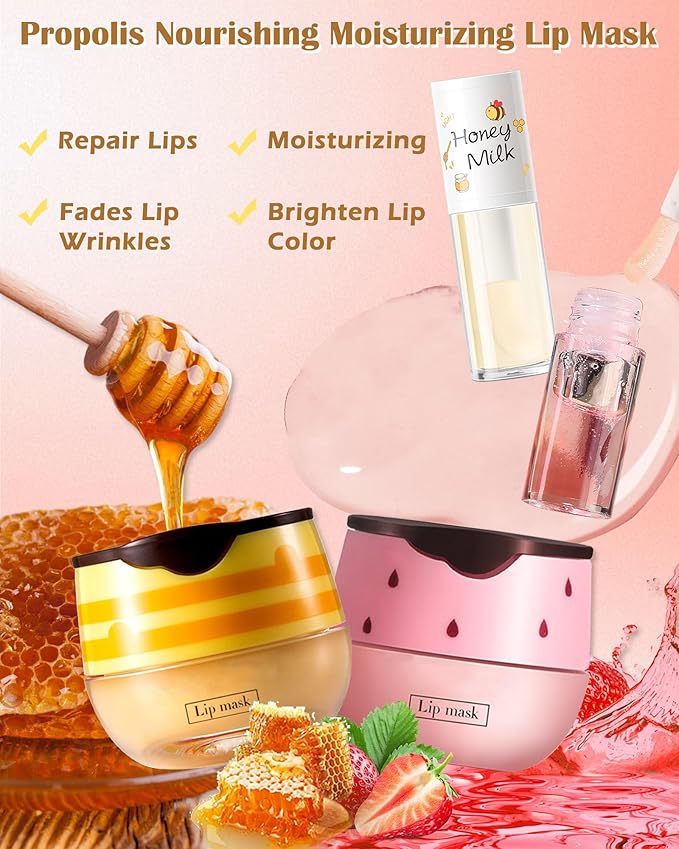 2Pcs Bee Lip Balm Honey Pot Lip Mask & Lip Glowy Oil Lip Care Set, Propolis Moisturize & Nourish Lip Gloss Repair Treatment, Reduce Lip Line & Protect & Plump Dry Cracked Lip Scrub Exfoliator -Set A