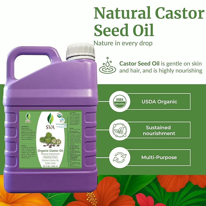 SVA Castor Seed Oi Organic - 32 Fl Oz – 100% Natural Cold Pressed Organic Castor Oil - for Face, Skin Care, Hair Care, Scalp Massage & Body Massage