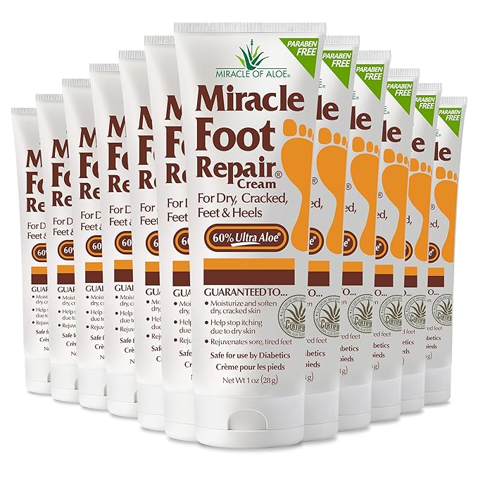 Miracle Foot Repair Cream (1 oz / 12 Pack) Repairs Dry Cracked Heels and Feet, 60% Pure Ultra Aloe Moisturizes, Softens, and Repairs