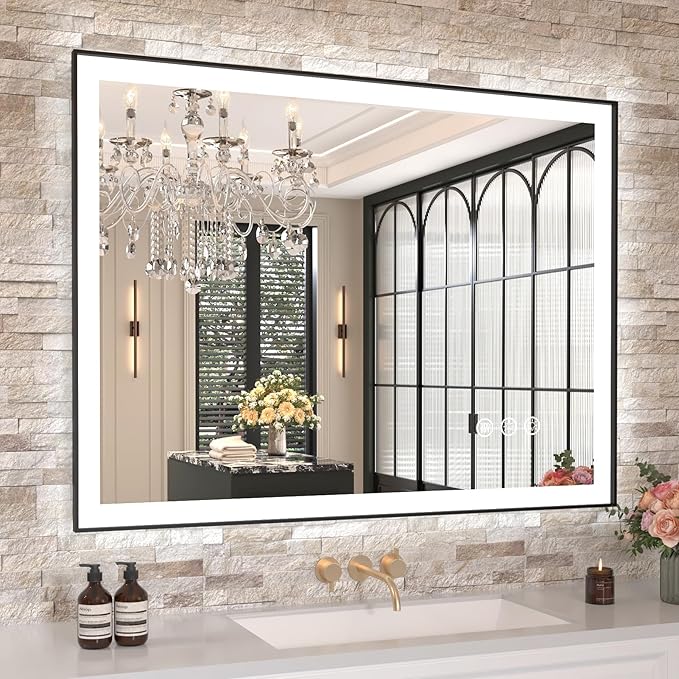 Amorho 40"x 30" LED Bathroom Mirror with Black Frame, Front Light and Backlit(Controlled Separately), Stepless Dimmable, Anti-Fog, Shatter-Proof, 3 Colors, Memory