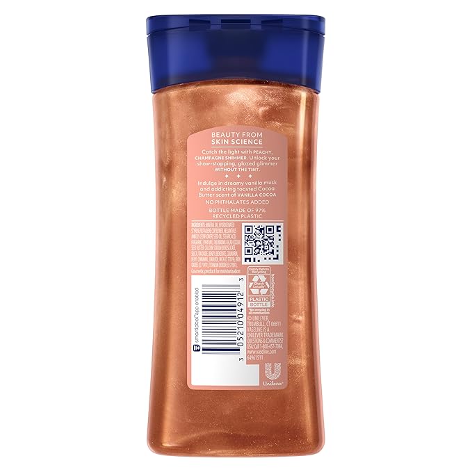 Vaseline Glazed and Glisten Sunlit Glow Body Gel Oil Vanilla Cocoa Shimmering with Ultra-Hydrating Lipids and 100% Pure Cocoa Butter, 6.8 Oz