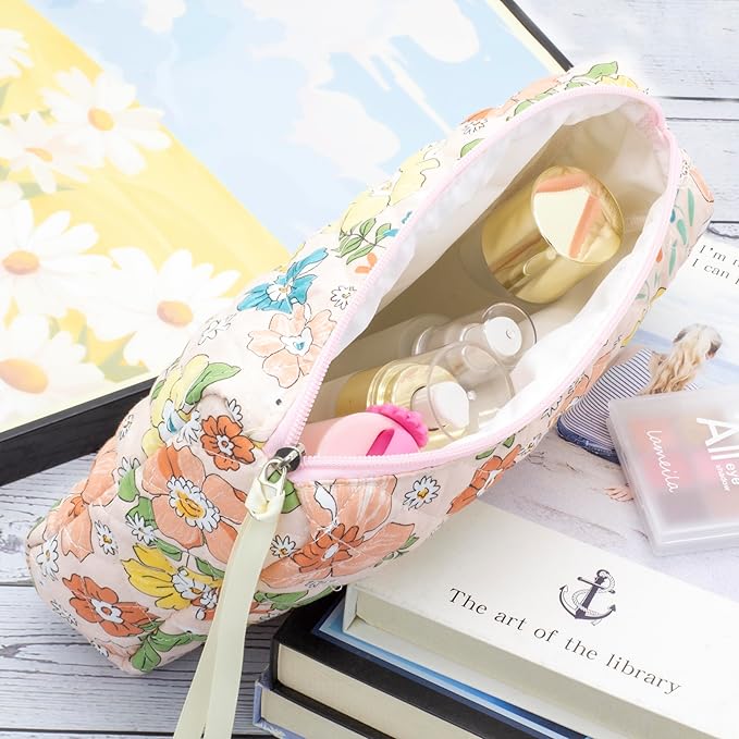 PAZIMIIK 3PCS Makeup Bag SET Large Travel Quilted Zipper Soft Cosmetic Case Pouch for Women Girls Make Up,Floral Orange