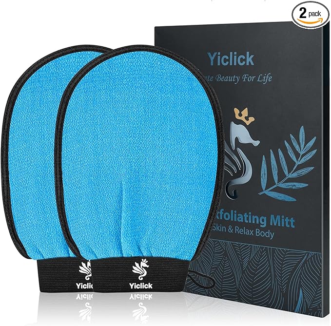 Exfoliating Gloves 2 Pcs, Exfoliating Body Scrubber for Bath Shower Exfoliation, Body Scrub Exfoliator Loofah Sponge for Dead Skin Remover, Korean Exfoliating Mitt (Blue)