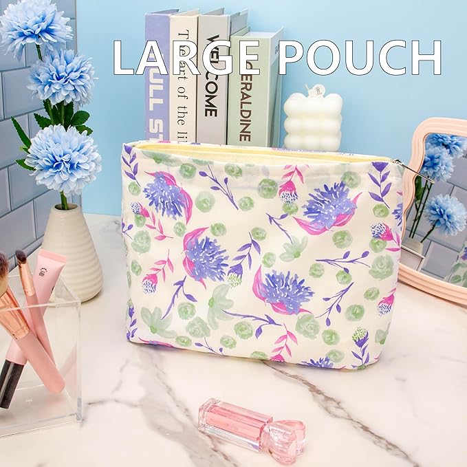 PAZIMIIK Makeup Bag Large Cotton Zipper Pouch for Purse Travel Canvas Make Up Organizer for Women Cosmetic,Galsang White