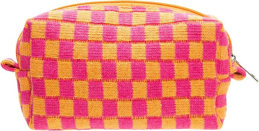 PAZIMIIK Checkered Makeup Bag for Purse Portable Zipper Make Up Pouch Small Cosmetic Case for Travel Red Orange