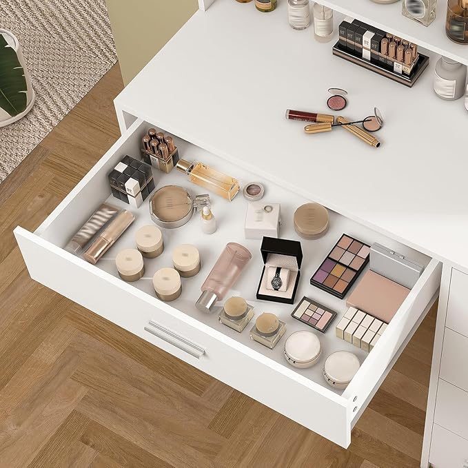 Quimoo Makeup Vanity Desk with Mirror & Lights, Vanity Desk with 5 Drawers & Storage Shelves, Vanity Table, 3 Color Modes & Adjustable Brightness Dressing Table, Bedroom, White