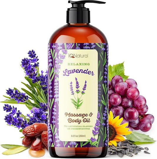 IQ Natural Organic Lavender Body Oil for Skin, Lavender Massage Oil for Massage Therapy, Sore Muscle Body Relaxing Stress Relief - Lightweight and Non-Greasy - 8.8oz (260ml)
