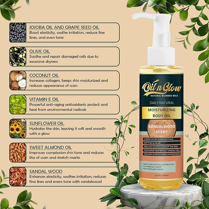 USDA Certified Organic Pure Natural Hydrating Body Oil After Shower With Coconut, Jojoba, Olive & Almond Non-Greasy Moisturizing Oil For Women & Men Dry Skin 5.07 fl oz/150ml-Sandalwood Scent