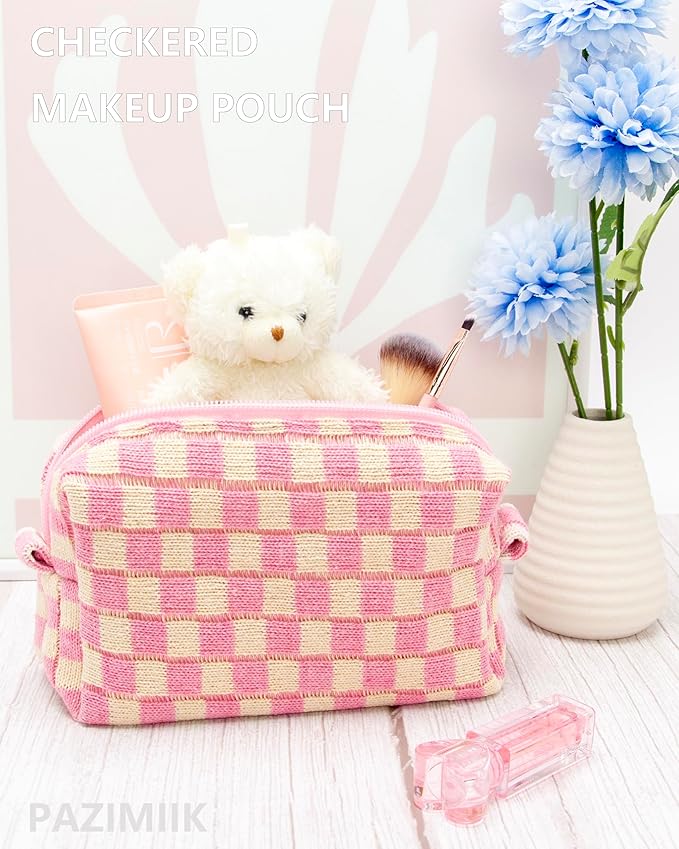 PAZIMIIK Checkered Makeup Bag for Purse Portable Zipper Make Up Pouch Small Cosmetic Case for Travel Accessories Pink Beige