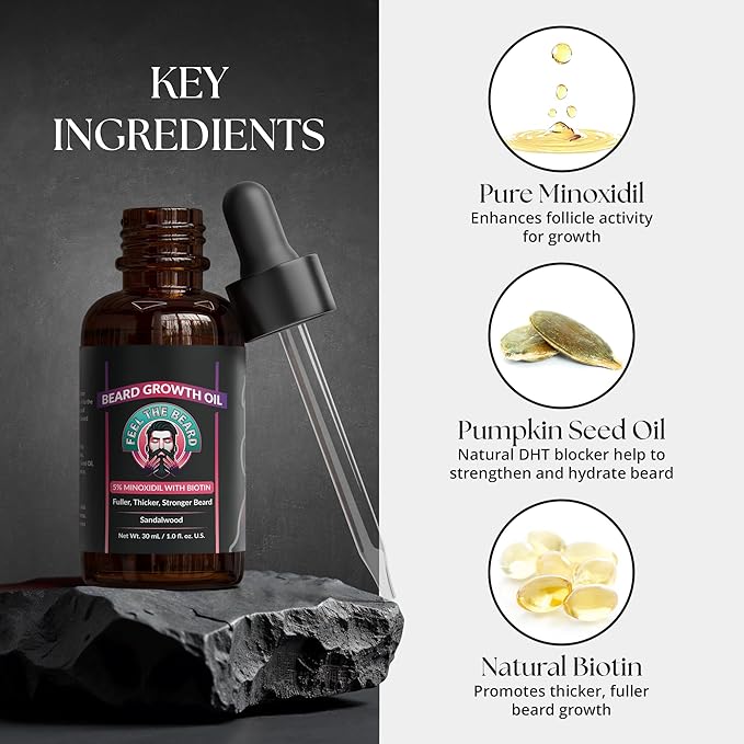 Beard Growth Oil For Men - 5% Minixodil Biotion Pumpkin Seed & Argan Oil DHT Blocker - 30 ml 1.0 fl oz - Sandal Wood Scent - Strengthen Softner Moisturizer Full Beard
