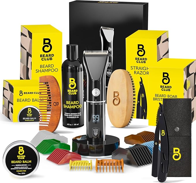 The Beard Club Men's Grooming Kit with Professional Cordless Electric Rechargeable Hair & Mustache/Beard Trimmer, Straight Edge Razor, Shampoo, Balm, Brush & Comb Gift Set
