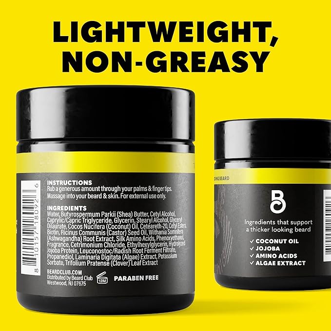 The Beard Club Biotin Beard Balm for Men - Beard Growth Shea Butter with Castor & Coconut Oil - Moisturizing, Hydrating and Softening Cream - Amber Cedar Scent - 4 oz